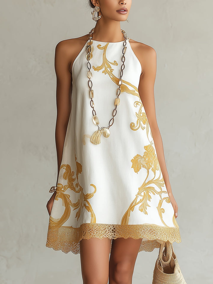 Héloïse | Robe Mini en Dentelle Blanche avec Motifs Dorés