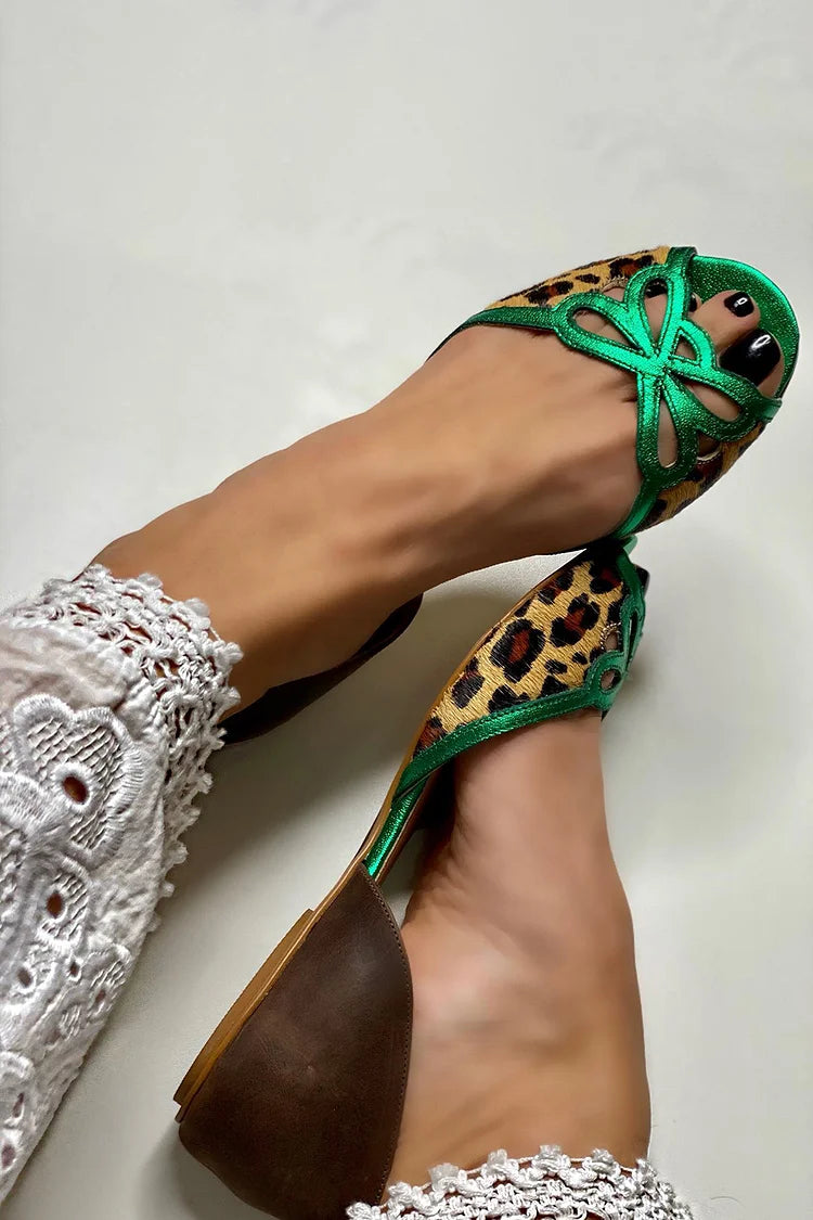 Sandales cut-out color block imprimé léopard Vert