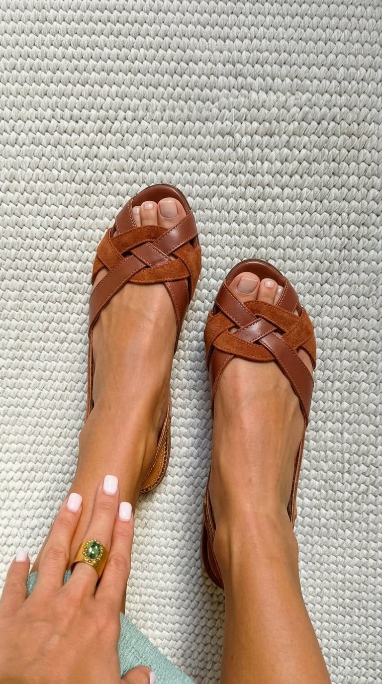 Sandales slingback basses Marron à bout ouvert avec des brides croisées