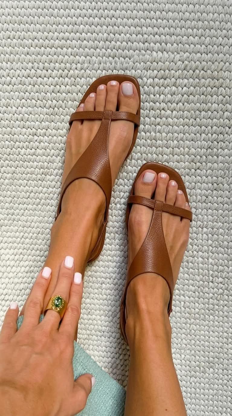 Sandales slingback basses Cognac à pointe carrée en cuir