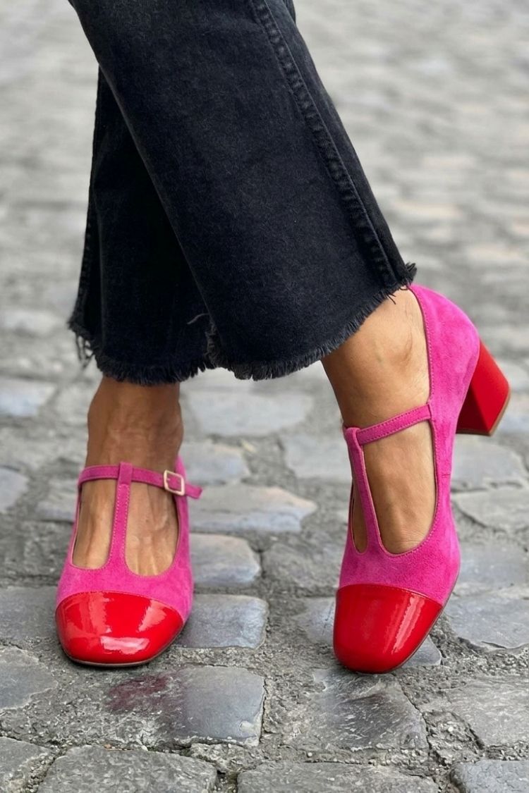 Talons larges color block Violet à bout rond avec boucle et bride en T