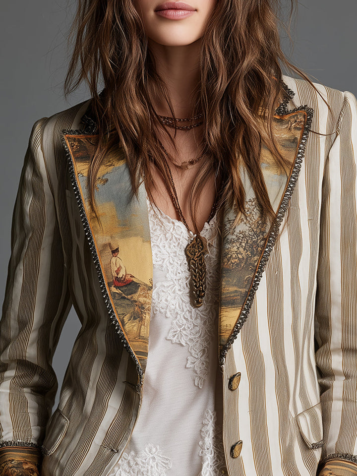 Suzanne | Blazer Bohème Rayé à Col Imprimé