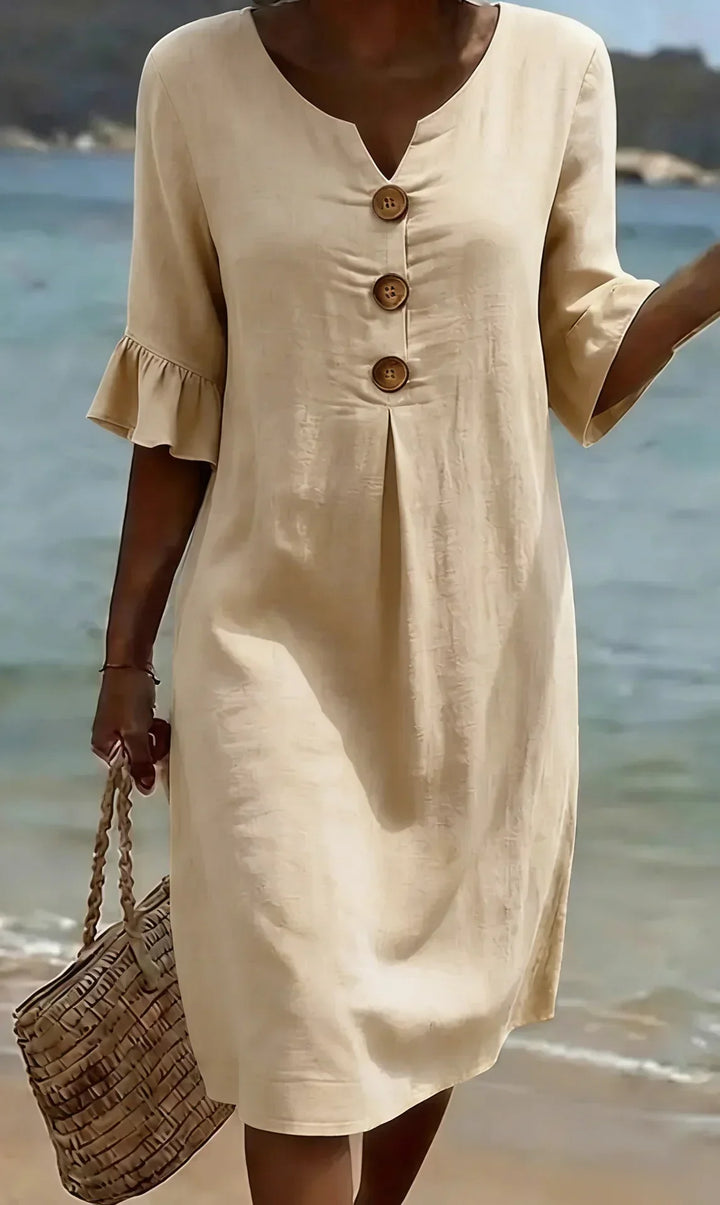 Vanesa | Robe en lin texturé avec manches ballon et boutons