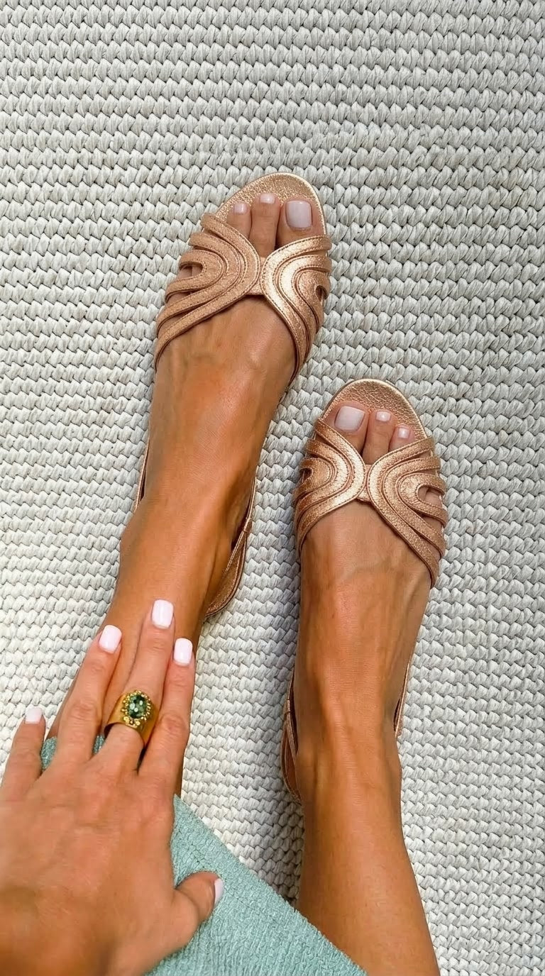 Sandales basses ondulées Or Rose avec brides et bout ouvert