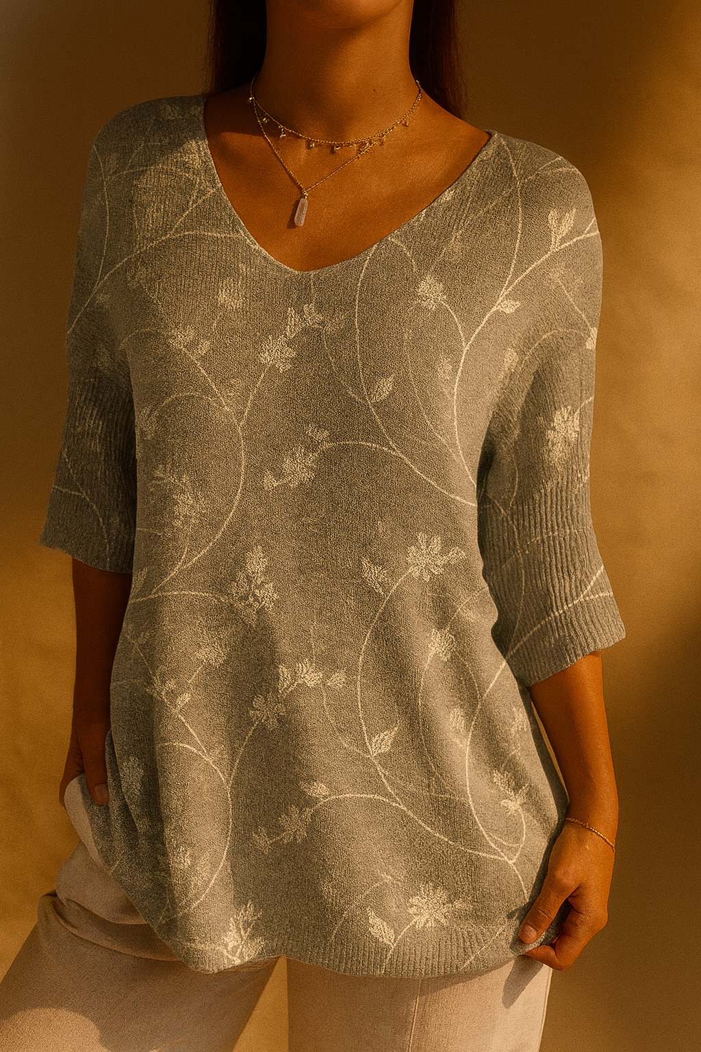 Pull Tricoté Floral Vintage pour Femmes
