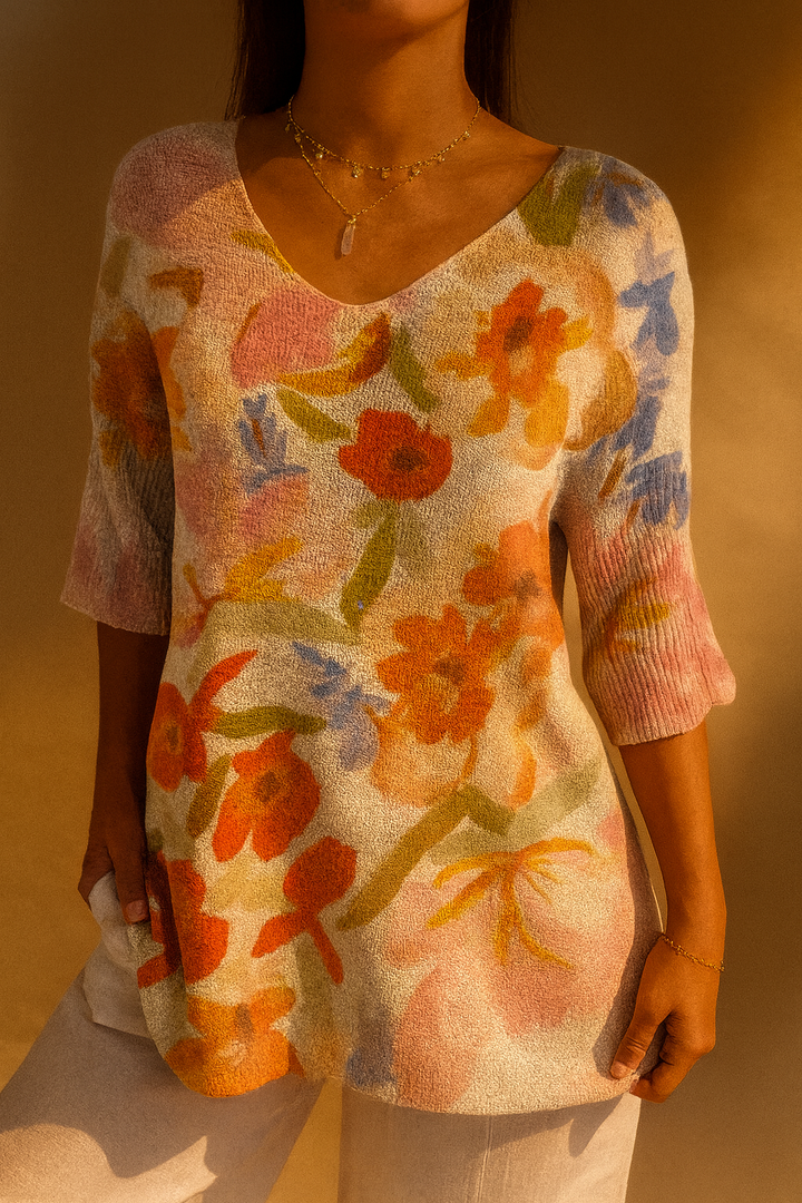 Pull Tricoté Floral Vintage pour Femmes