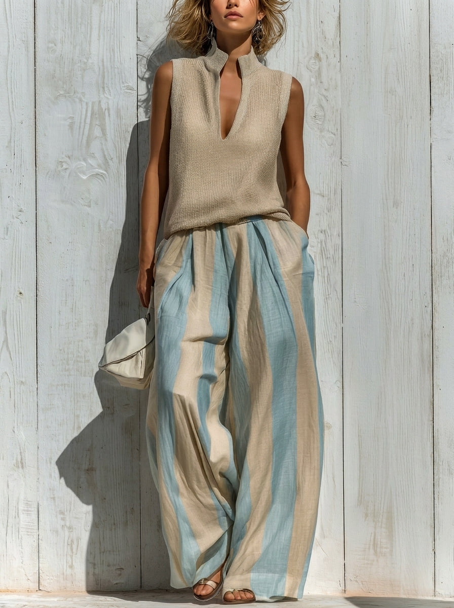 Paola | Ensemble top sans manches et pantalons larges à rayures