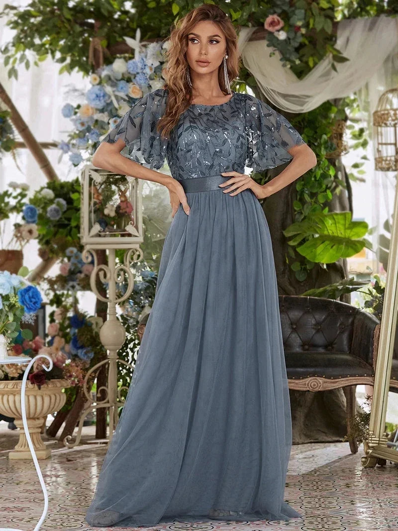 Elodie | Robe de Soirée à Manches Courtes en Sequins