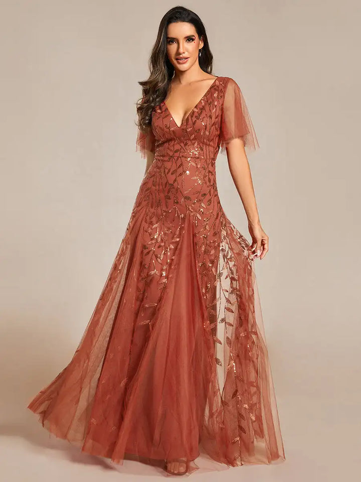 Tessa | Robe de Soirée avec Manches Volantes en Sequins