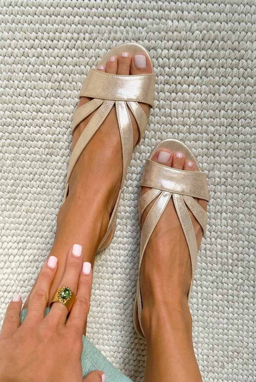 Sandales slingback métalliques basses à bout ouvert avec brides