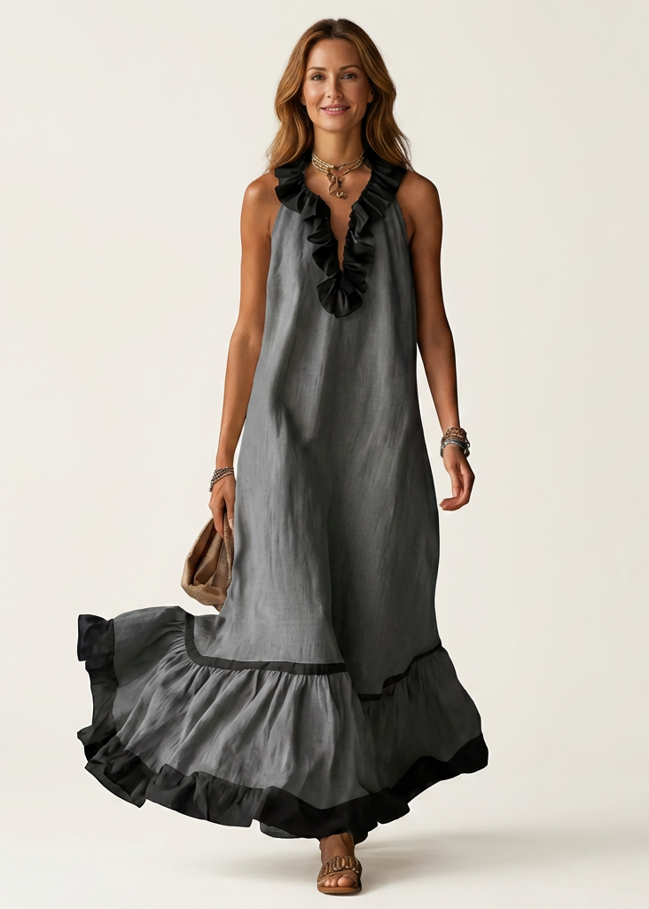 Miranda | Robe Maxi Sans Manches avec Col Volant et Bord Contrasté 7 couleurs