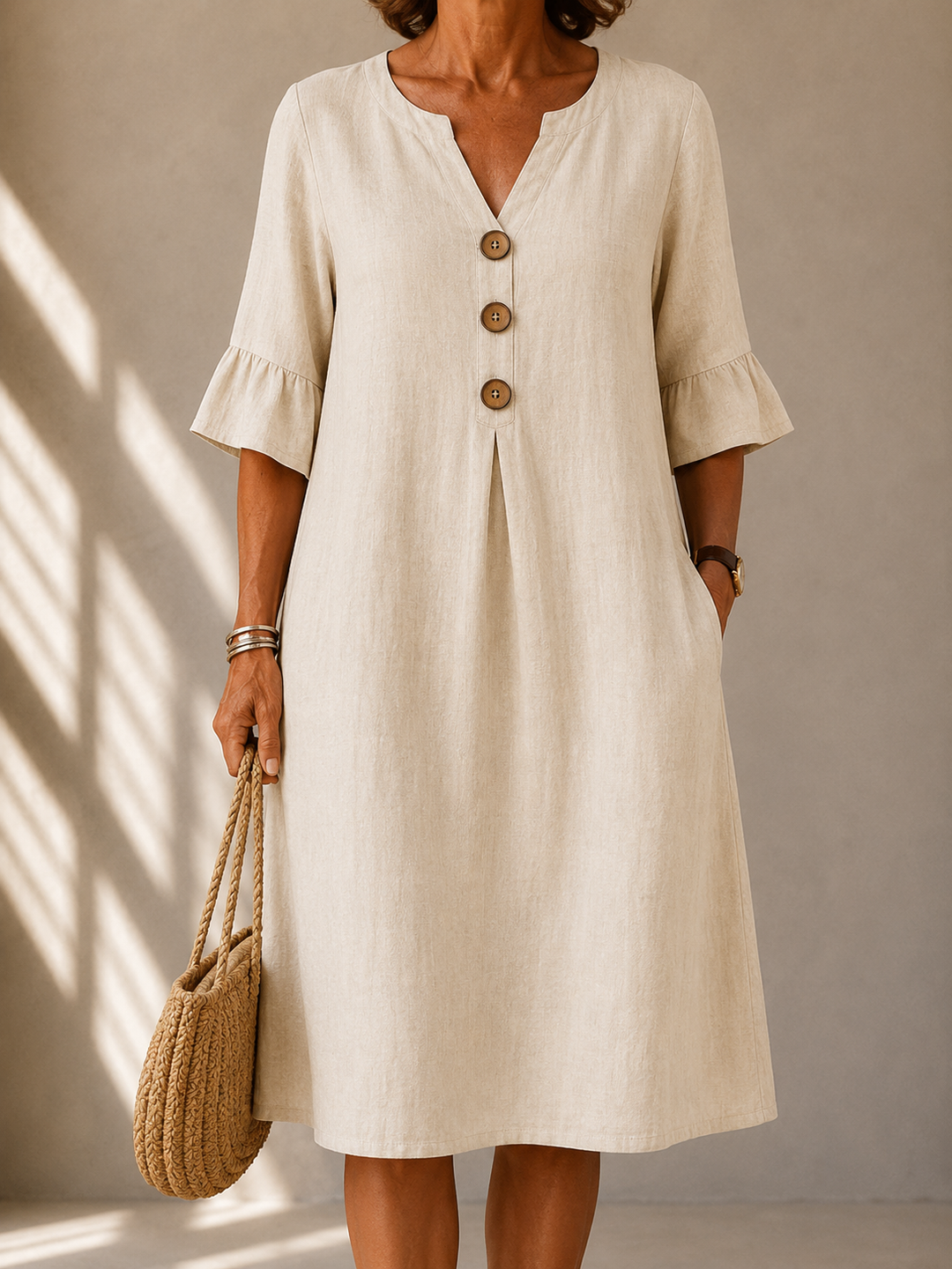 Lina | Robe fluide en coton et lin à boutons et pli creux