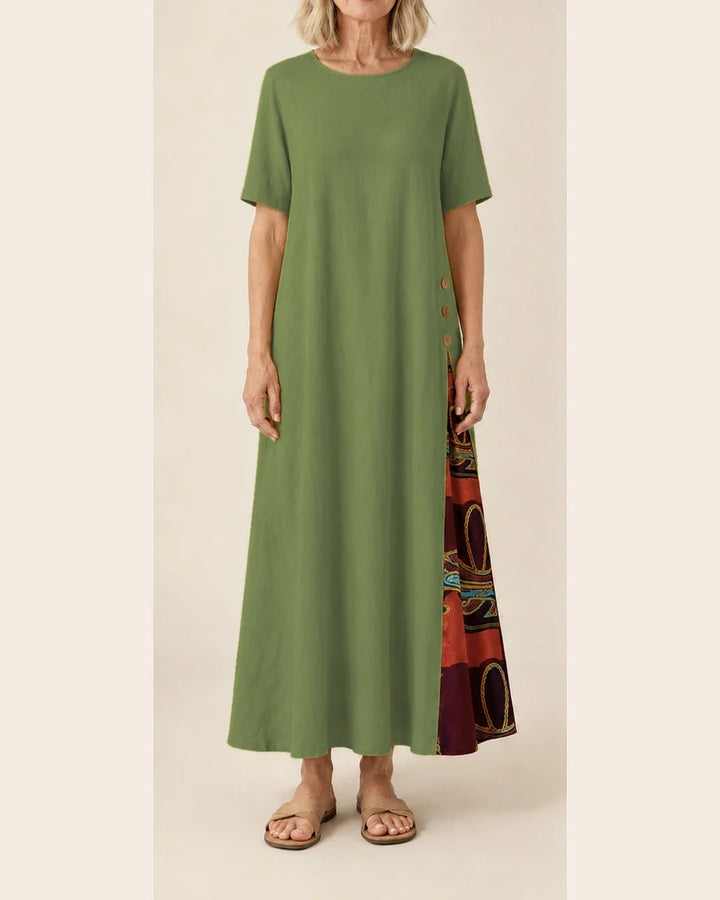 Maurene – Vert olive | Robe longue décontractée effet lin