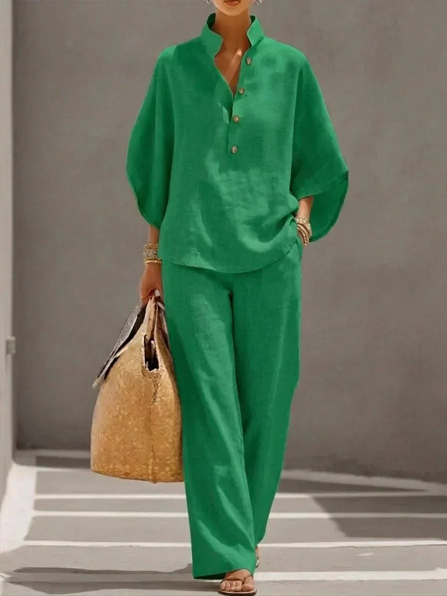 Maribel | Ensemble en lin avec manches chauve-souris et pantalons larges